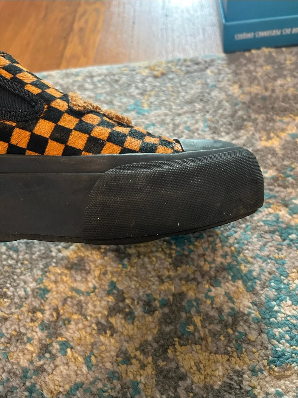 John Fluevog Black & Orange Checkerboard Slip-On Shoes Leather
